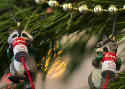 Holiday ornaments, Christmas, raccoons, christmas tree,